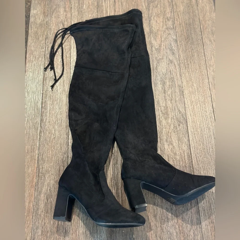 Womens Black Faux Suede Over The Knee thigh high heeled boots sz 8.5, GUC